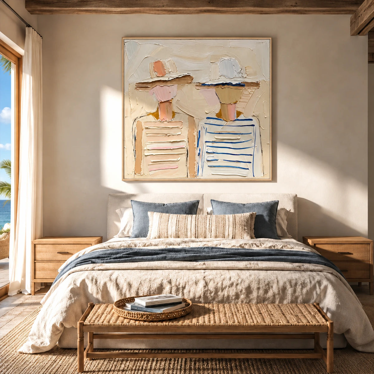 Sunhat Companions artwork displayed above a bed beneath timber beams.