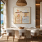 Sunhat Companions artwork displayed above a dining table with pale upholstered chairs.