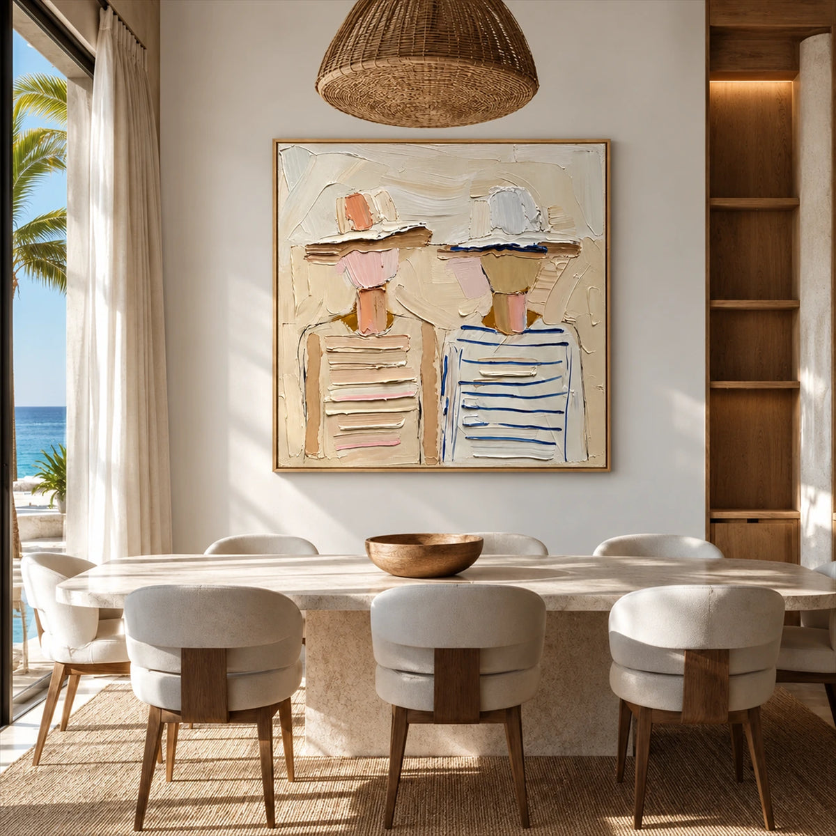 Sunhat Companions artwork displayed above a dining table with pale upholstered chairs.