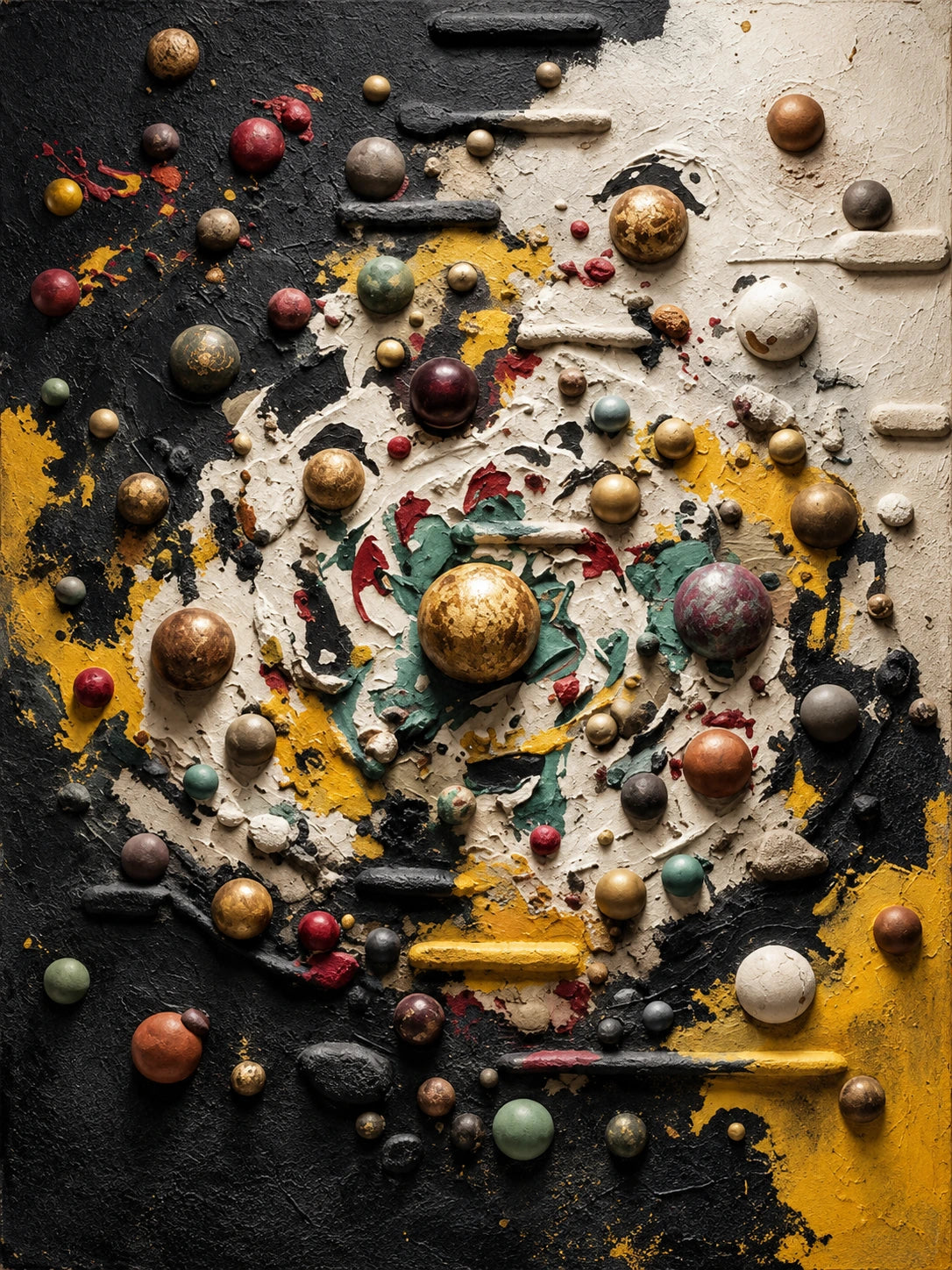 Orbital Reverie full artwork. Rounded forms and scattered marks gather around a glowing central sphere, crossing fields of charcoal, ivory, and golden yellow.