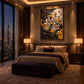 Orbital Reverie artwork displayed above a bed overlooking a city skyline.