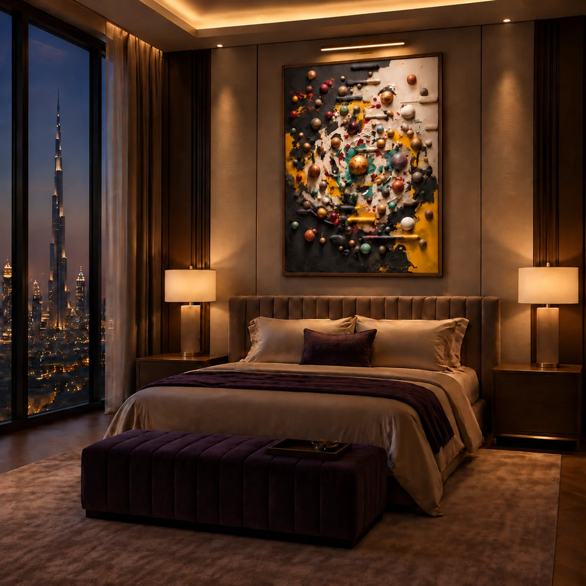 Orbital Reverie artwork displayed above a bed overlooking a city skyline.