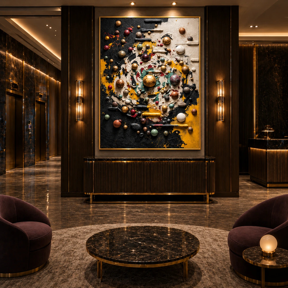 Orbital Reverie artwork displayed above a console in an elegant lounge.