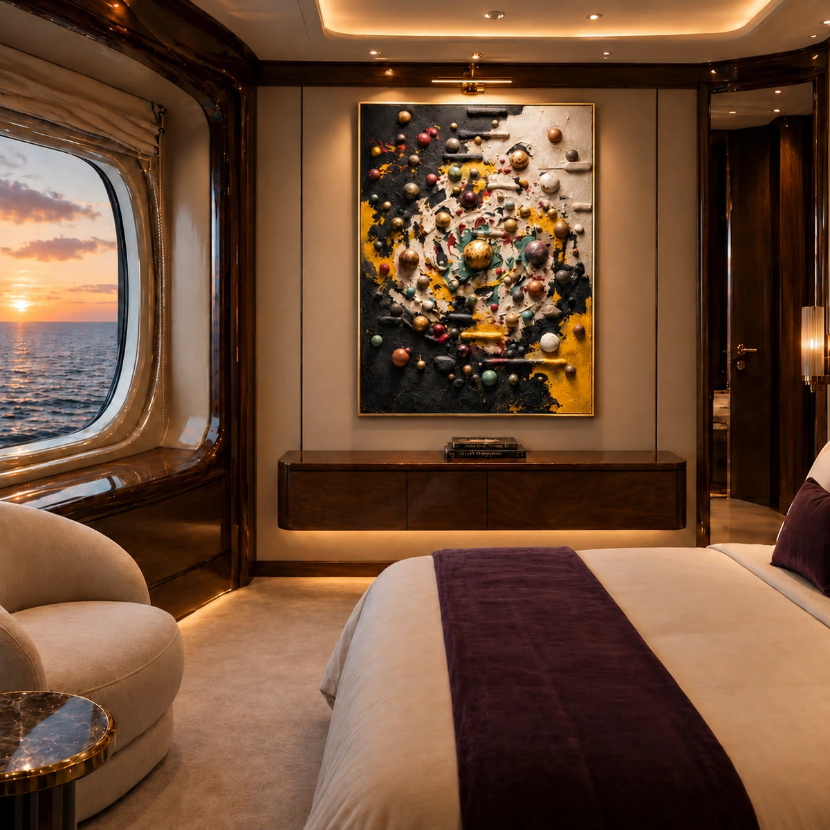 Orbital Reverie artwork displayed above a cabinet beside a sea-view window.