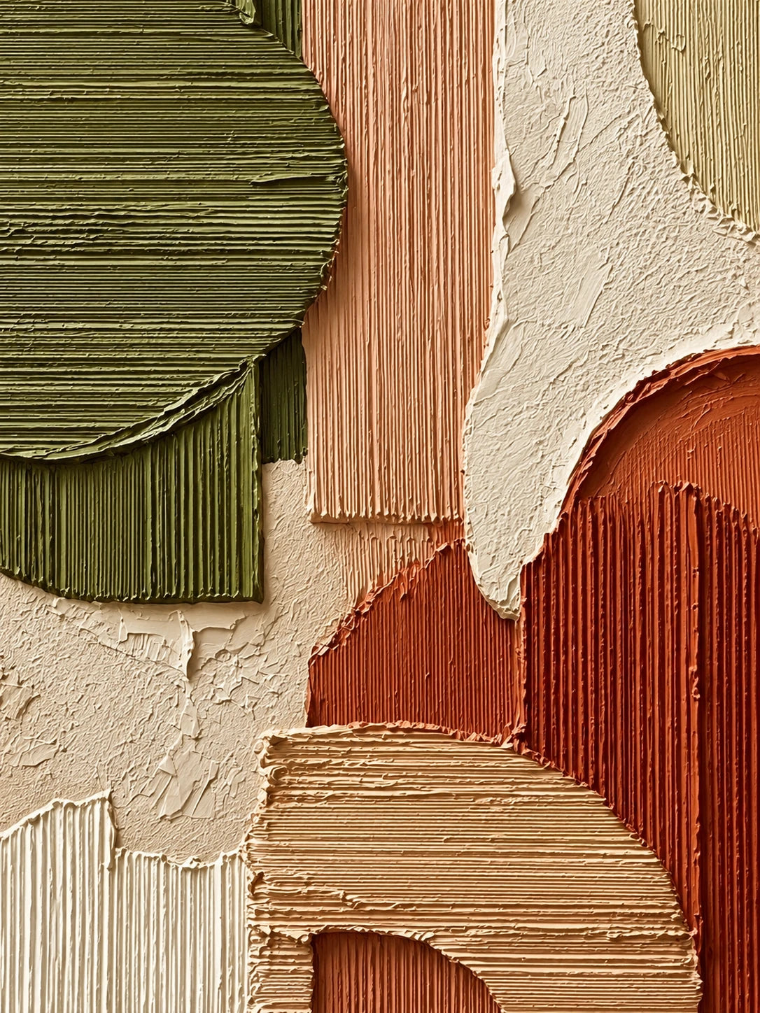 Terracotta Contours full artwork. Olive, terracotta, blush, and sand-colored shapes overlap across a textured ivory ground.