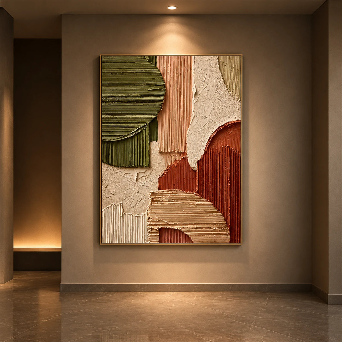 Terracotta Contours artwork displayed on a softly illuminated gallery wall.