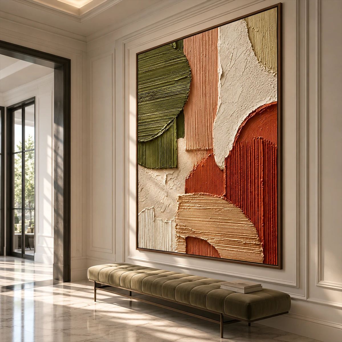 Terracotta Contours artwork displayed above a bench in a tall entryway.