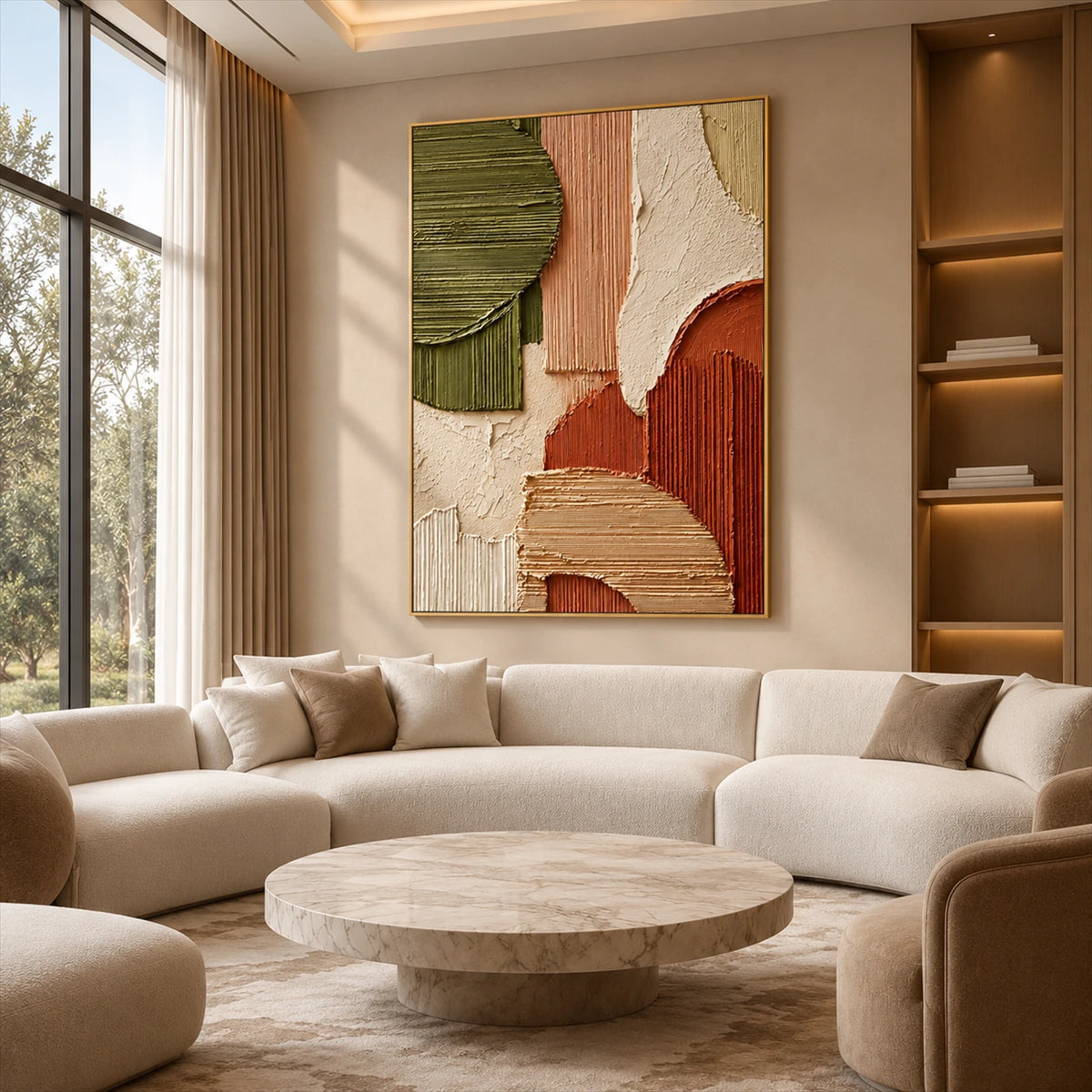 Terracotta Contours artwork displayed above a cream sectional sofa.