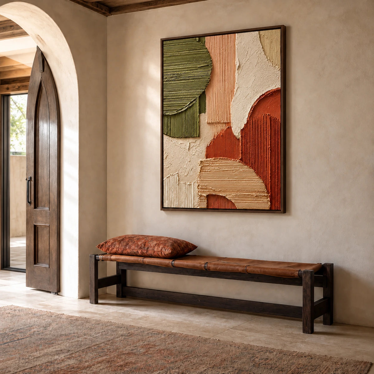 Terracotta Contours artwork displayed above a patterned bench beside an arched doorway.