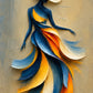 Saffron Sway full artwork. A graceful figure in a broad blue hat wears sweeping ribbons of cobalt, saffron, and ivory.