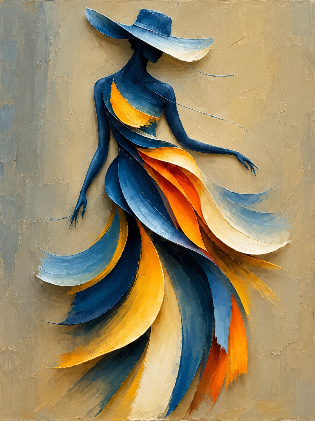 Saffron Sway full artwork. A graceful figure in a broad blue hat wears sweeping ribbons of cobalt, saffron, and ivory.