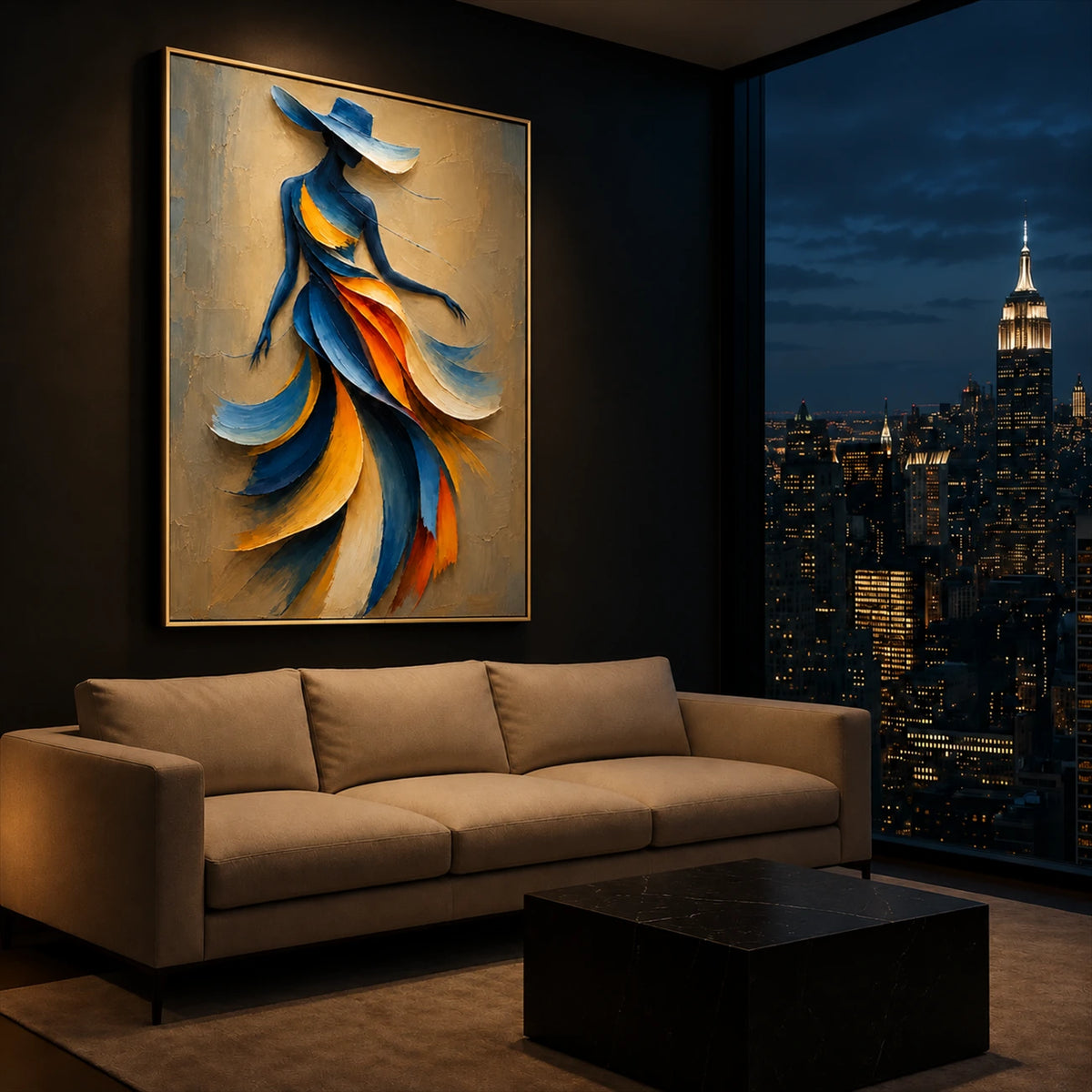 Saffron Sway artwork displayed above a sofa overlooking the city at night.