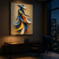 Saffron Sway artwork displayed above a desk beside a skyline window.