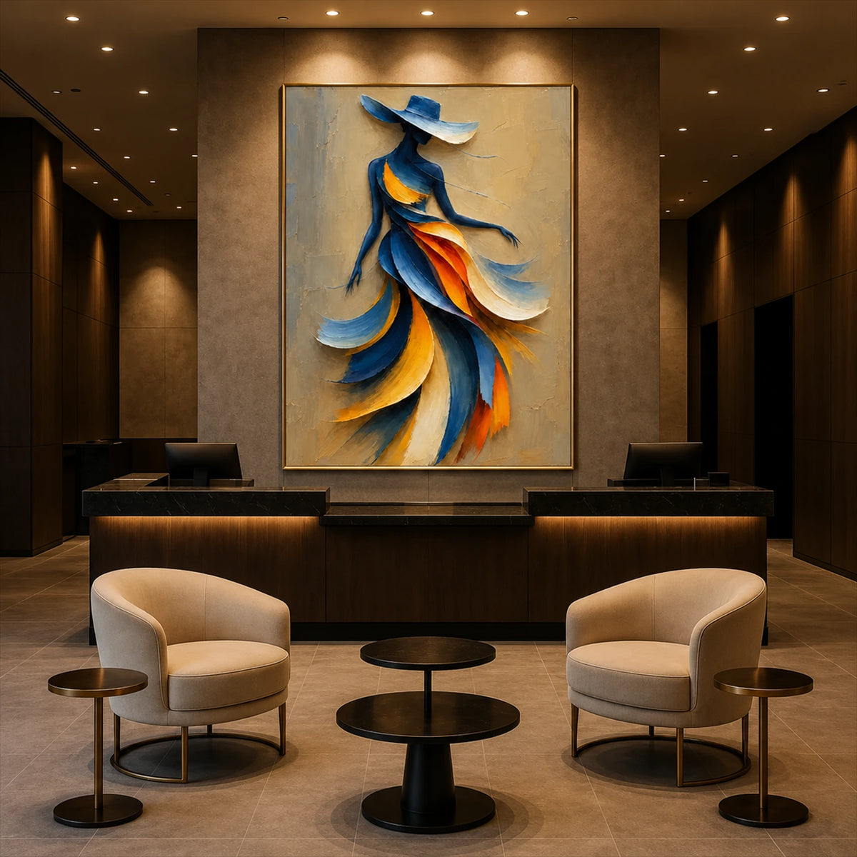 Saffron Sway artwork displayed above a console in a contemporary lounge.