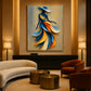 Saffron Sway artwork displayed above curved seating in a warm golden room.