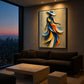 Saffron Sway artwork displayed above a sofa facing a twilight skyline.