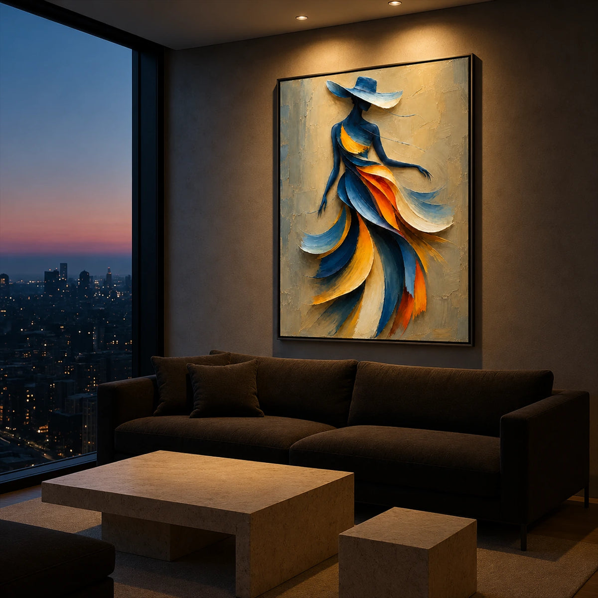 Saffron Sway artwork displayed above a sofa facing a twilight skyline.