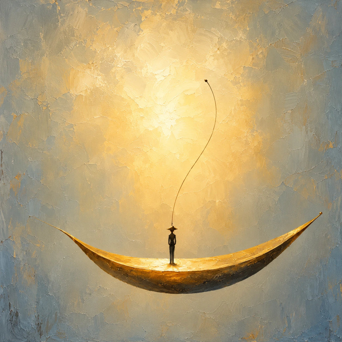 Crescent Dreamer full artwork. A tiny figure stands on a golden crescent beneath a luminous sky, holding a fine line that curls upward.