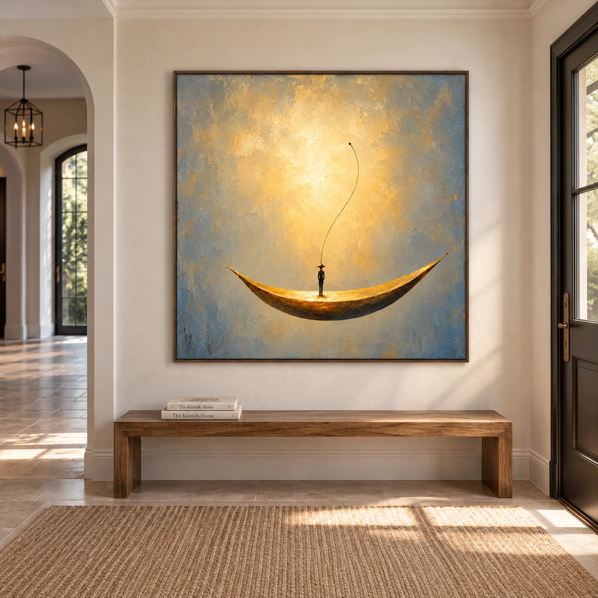 Crescent Dreamer artwork displayed above an entryway bench beside an arched doorway.