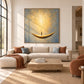 Crescent Dreamer artwork displayed above a cream sofa in a sunlit room.