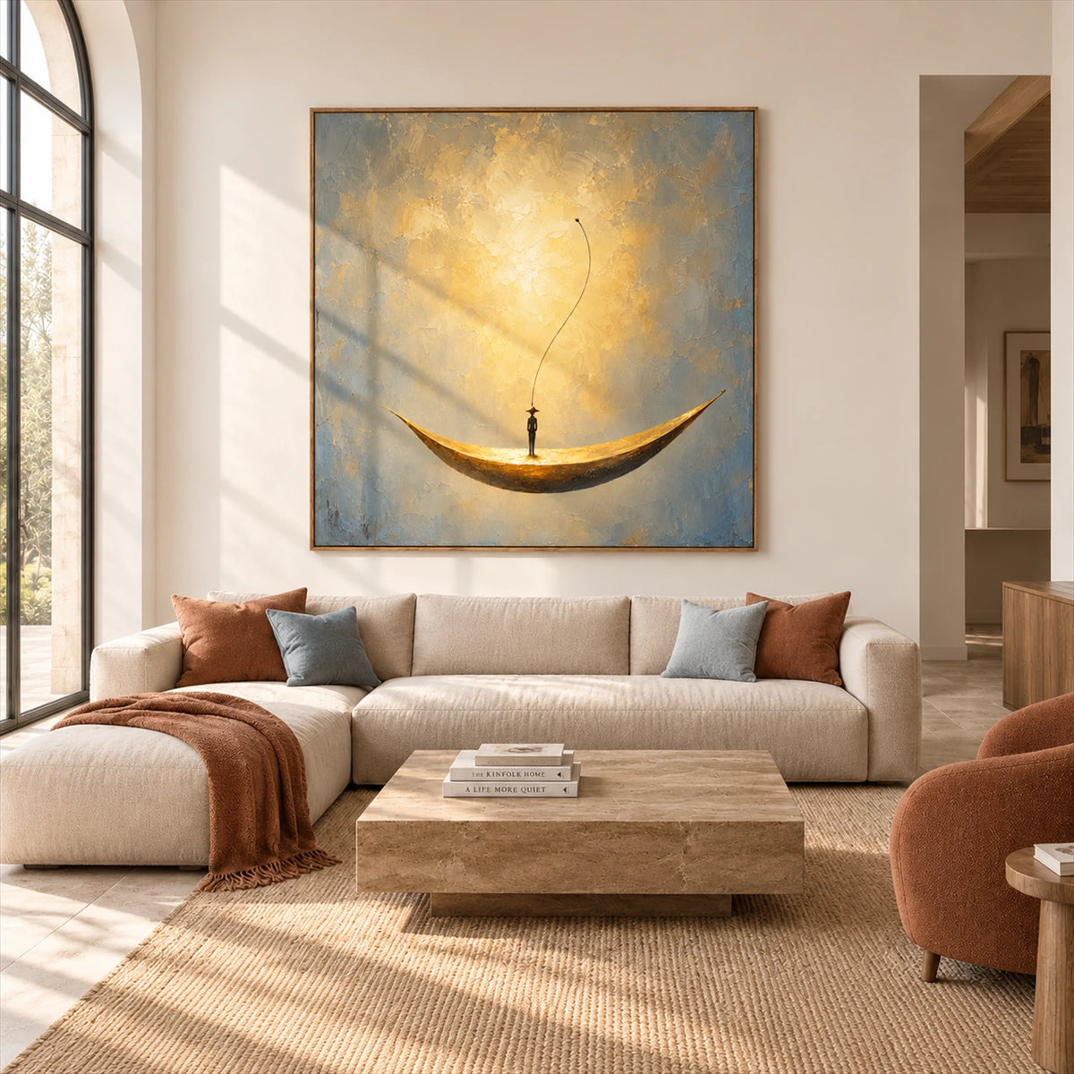 Crescent Dreamer artwork displayed above a cream sofa in a sunlit room.