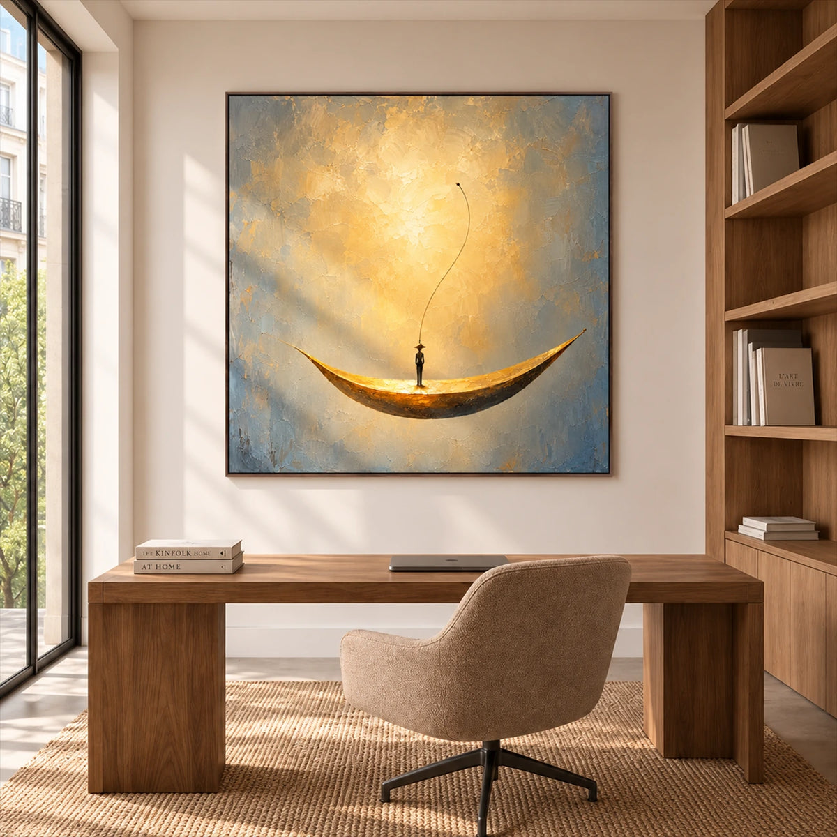 Crescent Dreamer artwork displayed above a wooden desk beside bookshelves.
