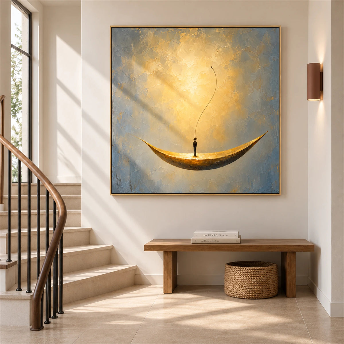 Crescent Dreamer artwork displayed above a bench beside a staircase.