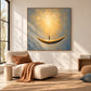 Crescent Dreamer artwork displayed above a chaise lounge near tall windows.
