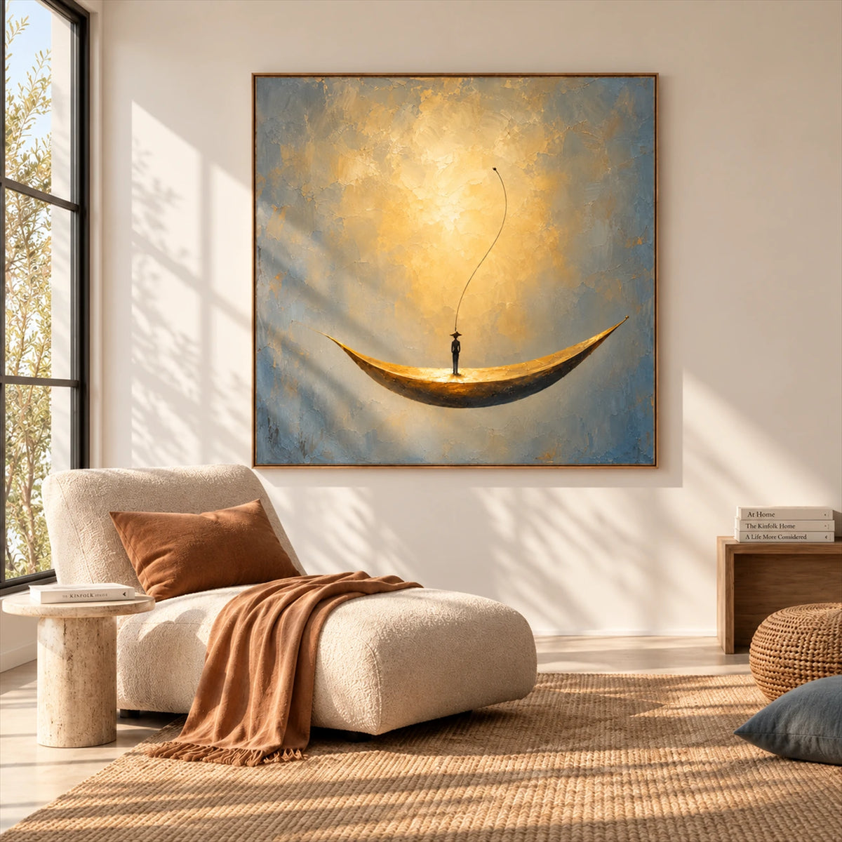 Crescent Dreamer artwork displayed above a chaise lounge near tall windows.