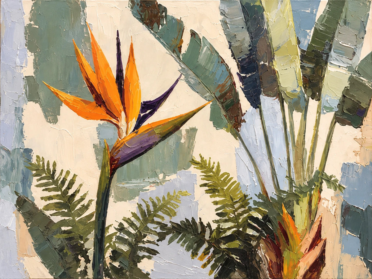 Tropical Flourish full artwork. A vivid bird-of-paradise flower rises among broad tropical leaves and delicate fern fronds.