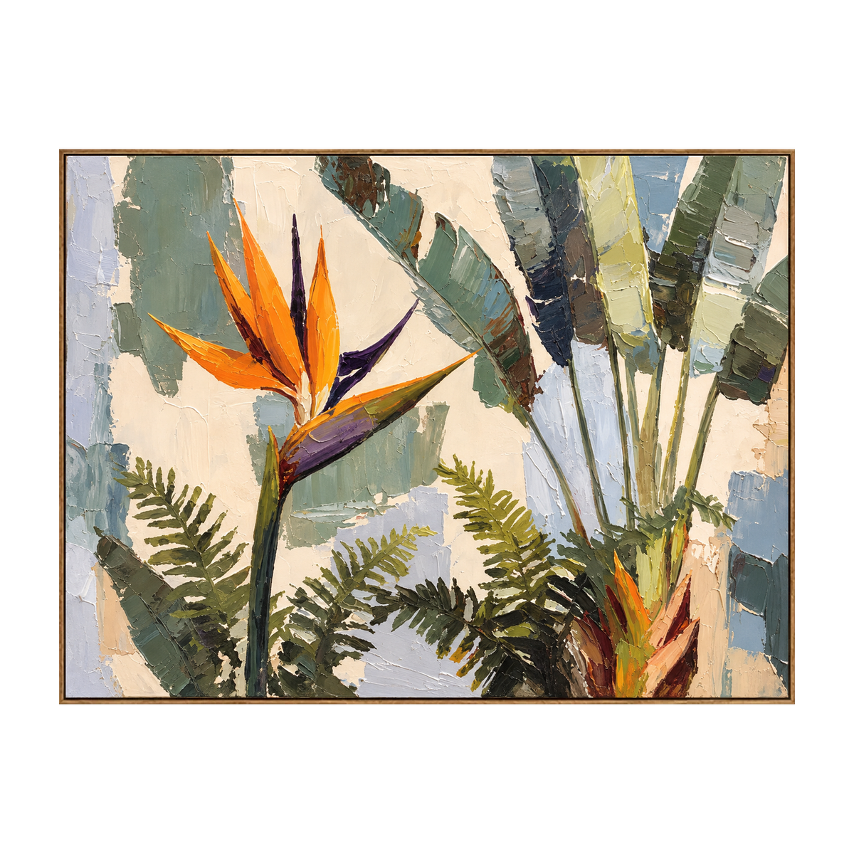 Tropical Flourish artwork in a natural wood frame on a transparent background.