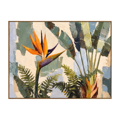 Tropical Flourish artwork in a natural wood frame on a transparent background.