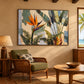 Tropical Flourish artwork displayed above woven lounge seating.