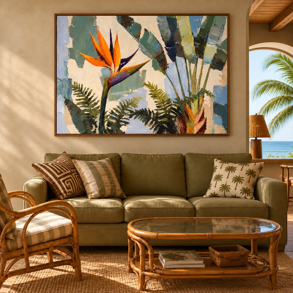 Tropical Flourish artwork displayed above an olive sofa near an arched window.