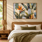 Tropical Flourish artwork displayed above a bed with woven headboard.