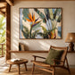 Tropical Flourish artwork displayed above a woven armchair beneath timber beams.