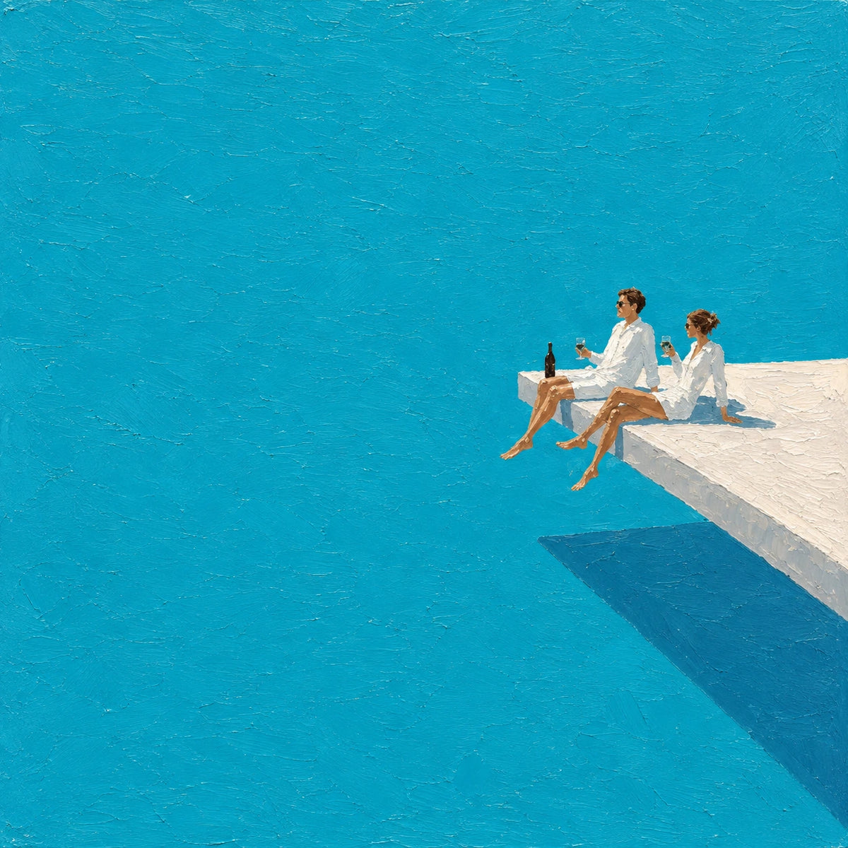 Turquoise Leisure full artwork. Two figures sit at the edge of a pale platform above an expansive turquoise field.