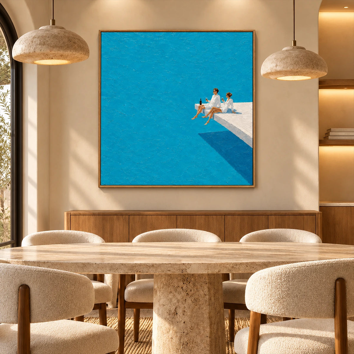 Turquoise Leisure artwork displayed above a dining table with pale upholstered chairs.