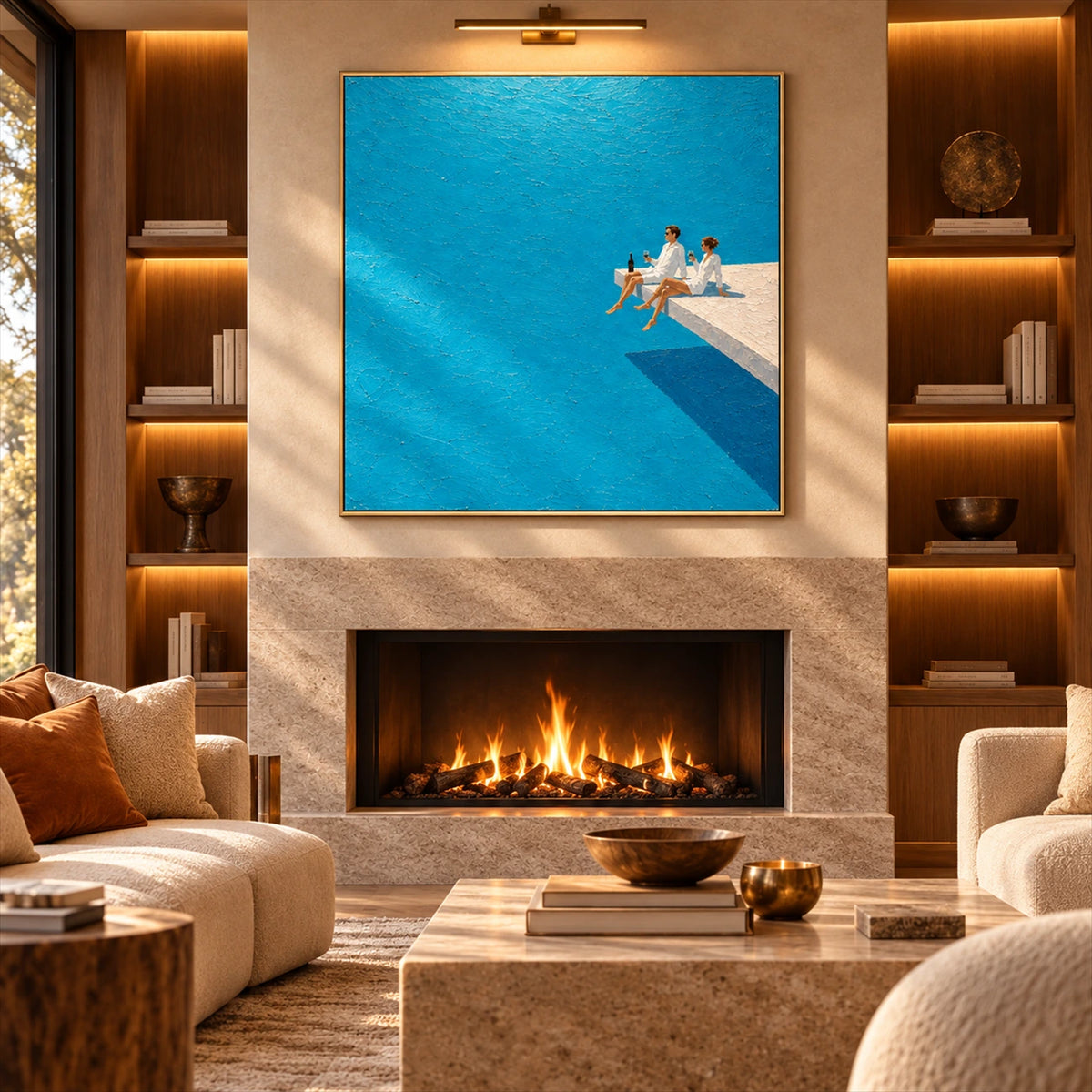 Turquoise Leisure artwork displayed above a fireplace between illuminated shelves.