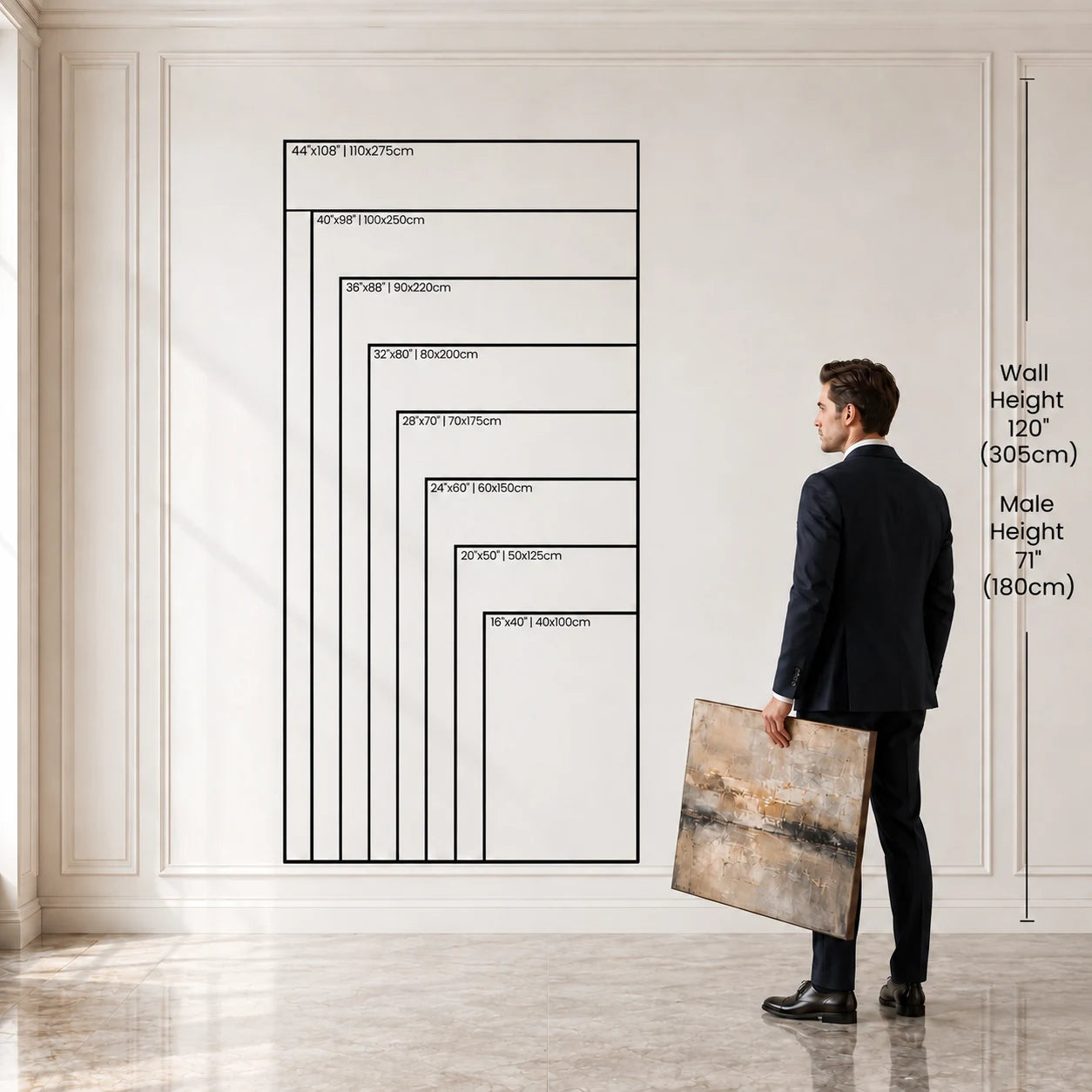 Tall portrait artwork sizes compared beside a person